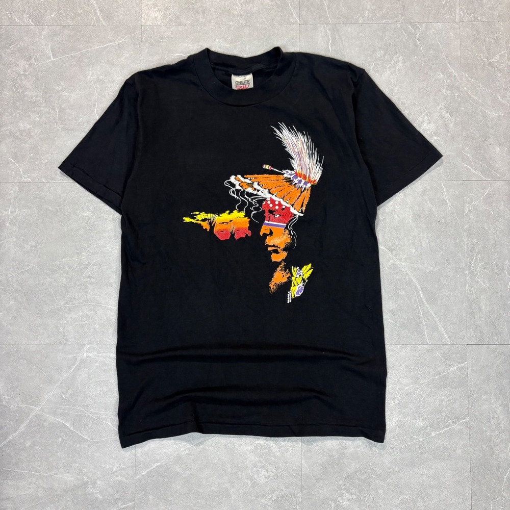 Vintage Oneita Power-T Native American Graphic T-Shirt Black Made in USA Large